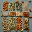 A diverse array of snacks seed, nuts, grain bar.