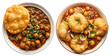 Set of Chole bhature is a North Indian food dish. A combination of chana masala and bhatura or pani puri. Isolated top view on transparent background, cutout png