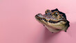 A digitally manipulated image showing a crocodile's head breaking through a pink surface to peek out