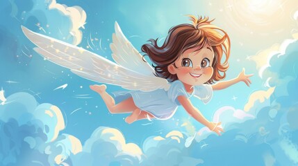 Cute cartoon character angel with wings flying in sky