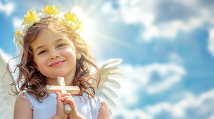 Wall Mural - Cute baby girl angel with wings holding a cross in heaven