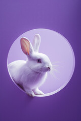 Wall Mural - A white rabbit peeks out in a round hole in the purple wall, with space for your text