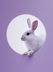 Wall Mural - A white rabbit peeks out in a round hole in the purple wall, with space for your text