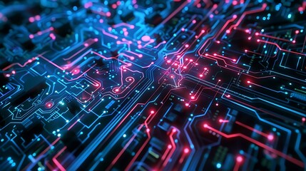 Wall Mural - a circuit board with red and blue glowing lights.