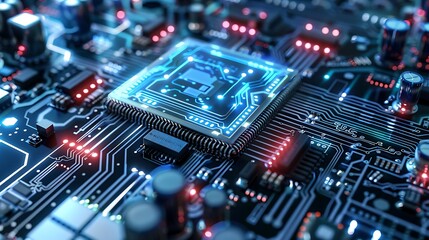 This is an up close image of a computer chip. The chip is glowing blue and there are red and orange lights on the circuit board.