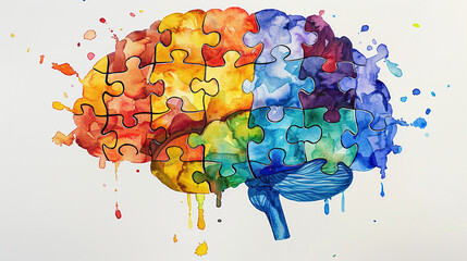 Wall Mural - World autism awareness day card or banner, autistic kid colorful brain made of puzzle