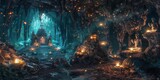 Fototapeta  - Mystical Underground Temple Lit by Fireflies its halls chambers illuminated by thousands of fireflies. The natural light reveals ancient with magical atmosphere created with Generative AI Technology