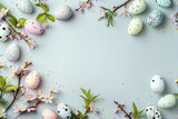 Fototapeta  - top view colorful easter eggs and spring flowers on grey background with copy space