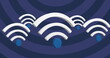 Hypnotic digital image of floating Wifi icons on pulsating blue stripes.