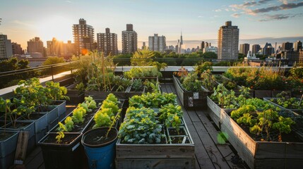 Sunset rooftop garden in the city, with sustainable vegetable and plant containers.