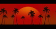 Huge sale text over abstract shapes against round banner and palm trees moving on red background