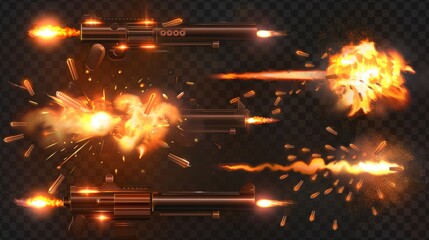 Wall Mural - An isolated background with a gun muzzle flash, flying bullets, flames, sparks, and smoke clouds. Modern realistic set of gun muzzle flashes, flying bullets, flames, sparks, and smoke clouds.