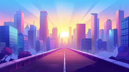 Morning metropolis cityscape with road, houses, town architecture, Cartoon modern illustration of the sunrise in modern city. The sun rises above skyscraper buildings.