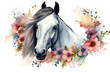 watercolors watercolor head floral animals background wreath white Illustration horse