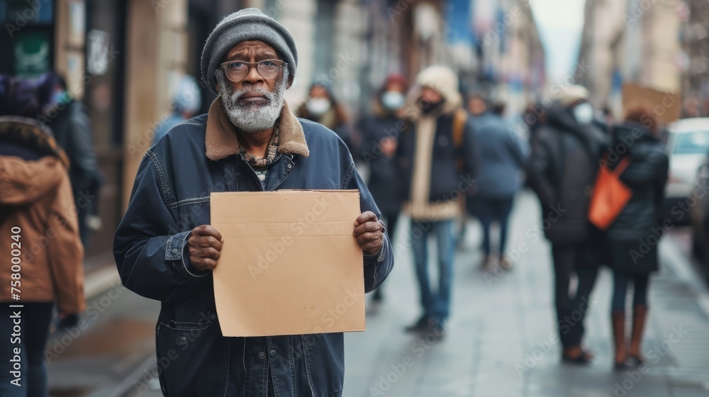 Afro older man standing alone on the crowded street, serious face ...
