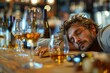 An unconscious man at a bar surrounded by wine glasses, depicting overindulgence