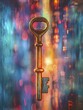Unlocking a door with a key reveals a burst of light amidst an abstract pastel blur, symbolizing boundless opportunities.