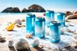 Mockup beverage cans light blue on a driftwood table with crushed ice surrounded by seashells and citrus slices. A serene coastal setting with white sands and azure waters to evoke freshnes