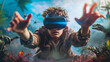 A guy wearing virtual reality goggles immersed in a world before historical dinosaurs reaches out to flying butterflies and enjoys the virtual world