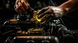 Skillful mechanic changing engine oil as part of regular vehicle maintenance service