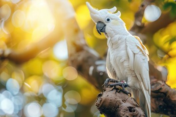 white big parrot sitting on a tree in sun light