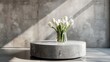 a round concrete coffee table adorned with large white tulips in a vase, bathed in natural light, inspired by the aesthetic.