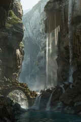  Waterfall hides the entrance to a secret cave - Water's force and the mist create a natural veil, challenging adventurers hidden path behind the cascade created with Generative AI Technology