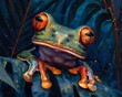 A frog with red eyes is sitting on a leaf. The frog is green and orange