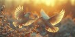 Two doves soar together in a serene pastel sky, symbolizing harmony and unity.