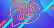 Image of 20 percent off text over a speech bubble against abstract shapes in seamless pattern