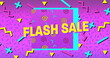 Image of the words Flash Sale in yellow letters with a purple square and brightly coloured shapes on