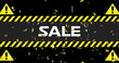 Image of the word Sale in white letters with yellow and black tape, yellow warning signs and falling