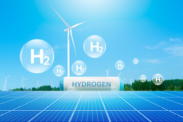 Wall Mural - green hydrogen production with solar panels and wind turbines. sustainable and renewable energy. gre