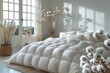 A contemporary bedroom design featuring a clean white bed and natural dried cotton decorations