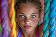 Portrait of a young girl with captivating blue eyes and freckles, framed by multi-colored ropes