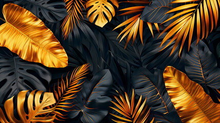 Wall Mural - Background illustration of tropical leaves, black and gold. Background wallpaper. Generative AI