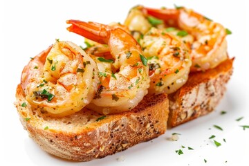 Garlic Butter Prawn Toast   Garlic butter prawns atop a toasted slice of baguette food photogrphy