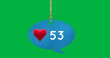 Digital image of a heart icon and numbers increasing inside a tied up blue speech balloon on a green