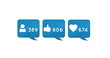 Digital image of  follower, like and heart icons and increasing numbers inside blue chat boxes on a 