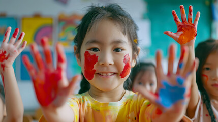 joyful children in kindergarten show palms in paint, hands, little kids, green background, bright colors, space for text, drawing, art, color, red, blue, schoolchildren, playground, Montessori