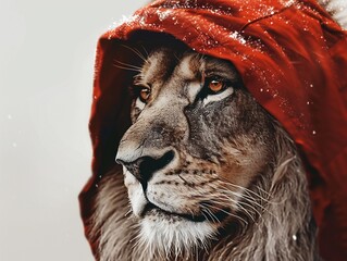 a majestic lion wearing a striking red hood in close-up detail
