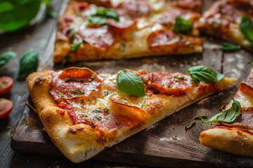 Wall Mural - Pizza with salami, mozzarella and tomatoes on a wooden background