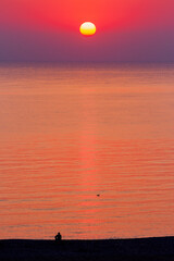 Wall Mural - red sunrise at the black sea. sun above horizon on a cloudless sky. silhouette on the shore observin