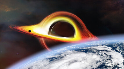Wall Mural - realistic science fiction art with huge black hole and earth planet. elements of this image furnishe