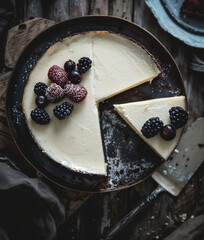 Wall Mural - Cheesecake with blackberries and blueberries on table