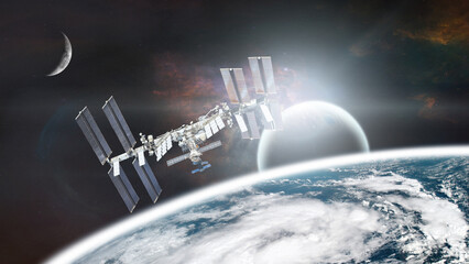 Wall Mural - iss over the planet earth with allien planet on background. elements of this image furnished by nasa