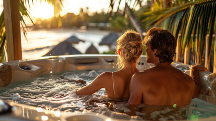 Wall Mural - Portrait of a romantic couple on vacation looking at the view of the beach from their hotel balcony Jacuzzi at summer