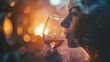 Elegant woman savoring the aroma of red wine with bokeh lights