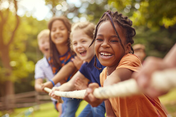 Poster - kids playing tug of war in the park. A multiracial group of people are having fun outdoors, happily laughing and cheerful while hanging out together on summer vacation at the playground