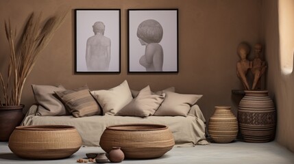 Boho ethnic living room  coffee table, white sofa, brown pillows, two poster frames on wall